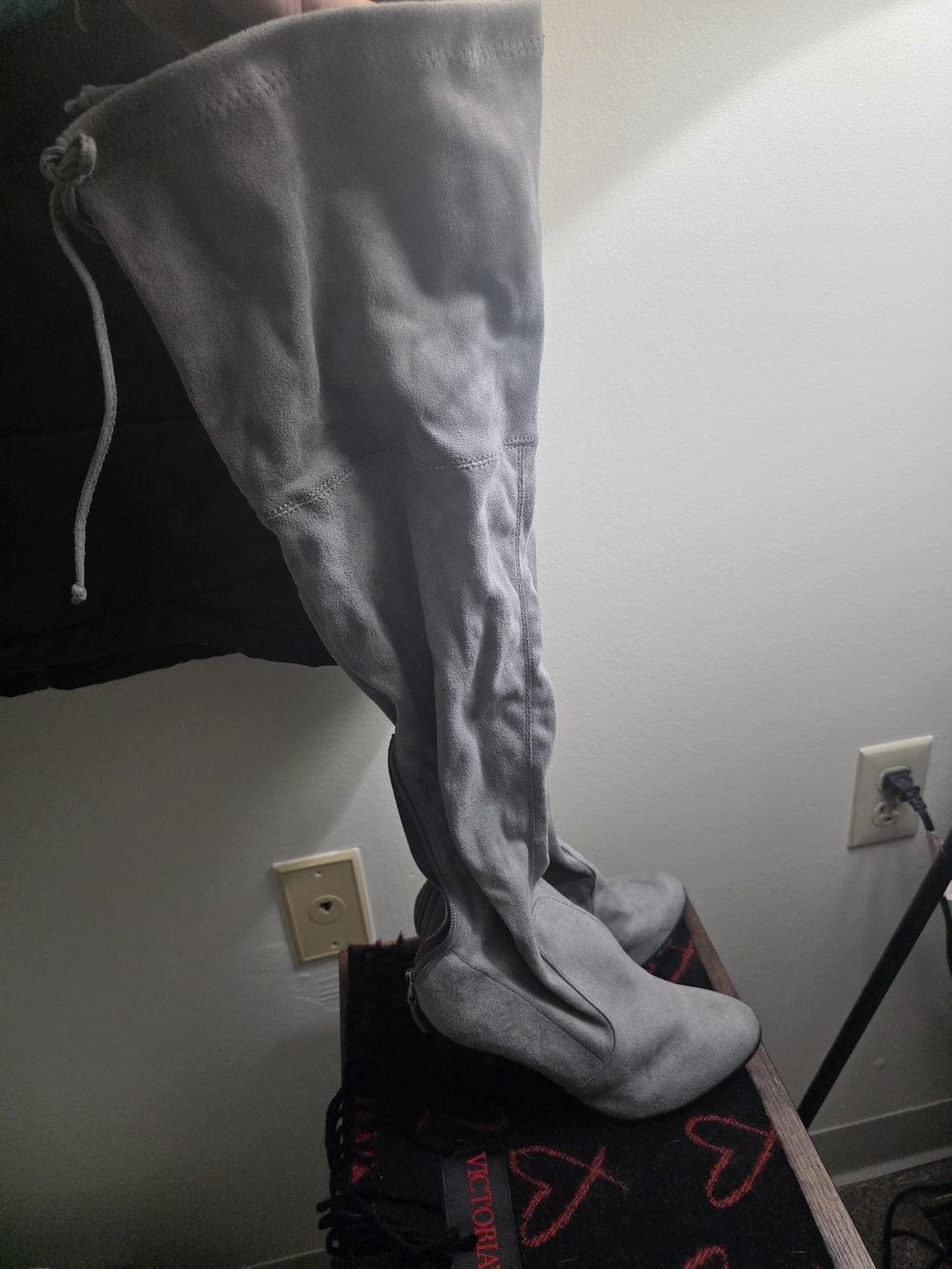 Gray Over-the-Knee Suede Heel Boots